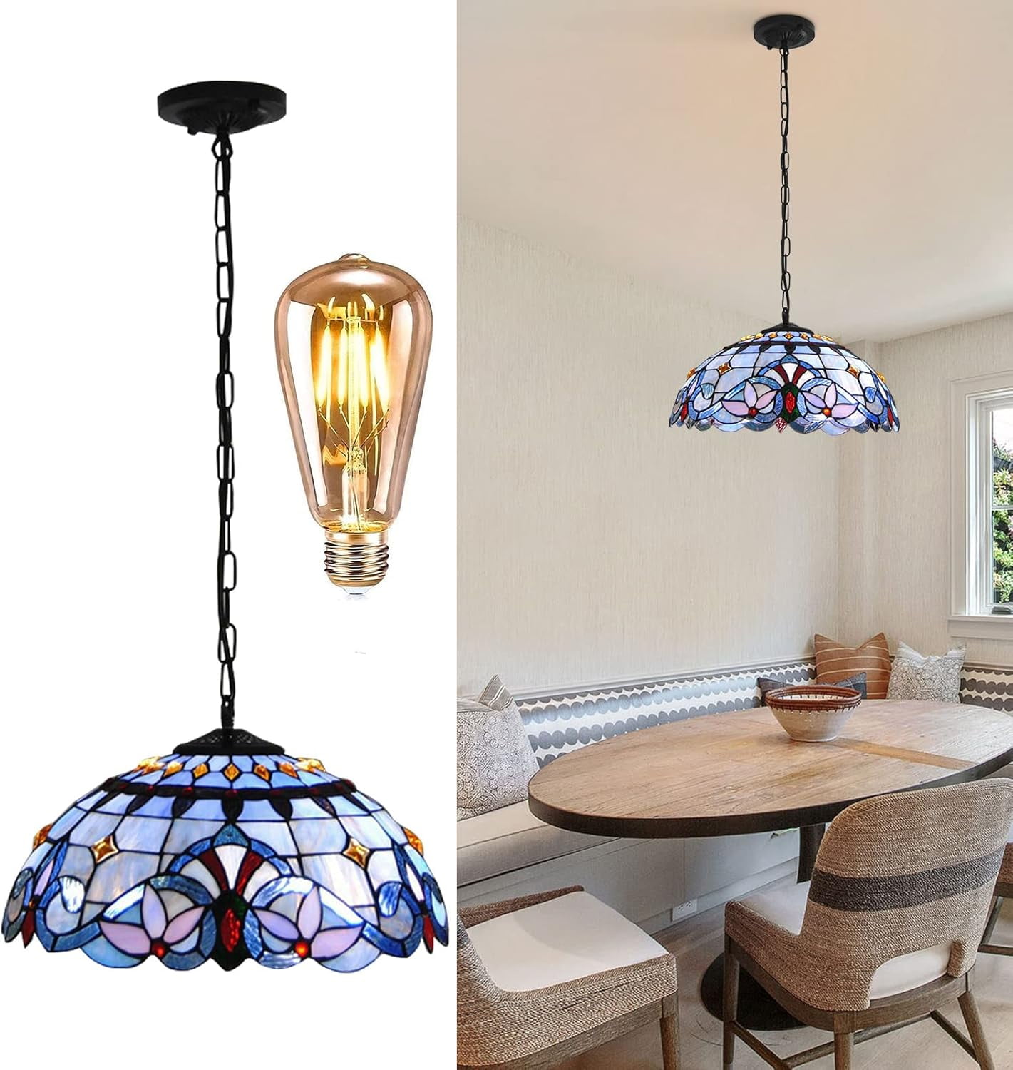 Tiffany Semi Flush Mount Ceiling Fixture Antique Baroque Stained Glass Ceiling Lighting Hanging Lamps Art Decor Pendant Light Fixtures for Dining Room Bedroom Living Room Hallway
