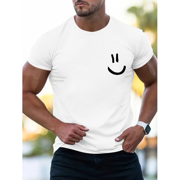 Art Line Smiling Face Print, Men's Short Sleeve Round Collar Street Style T-shirt For Summer & Spring, Casual Sporty Tee, Summer Gifts