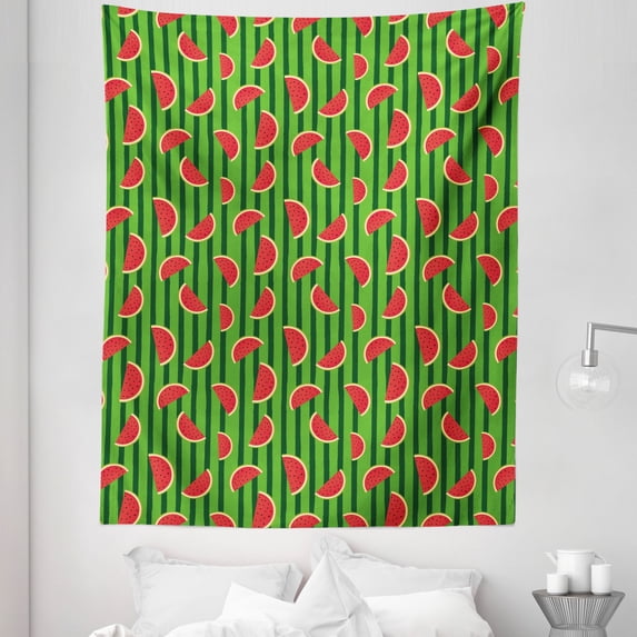 Melon Tapestry, Cartoon Watermelon Slices on Vertical Stripes, Fabric Wall Hanging Decor for Bedroom Living Room Dorm, 5 Sizes, Fern Green Hunter Green, by Ambesonne