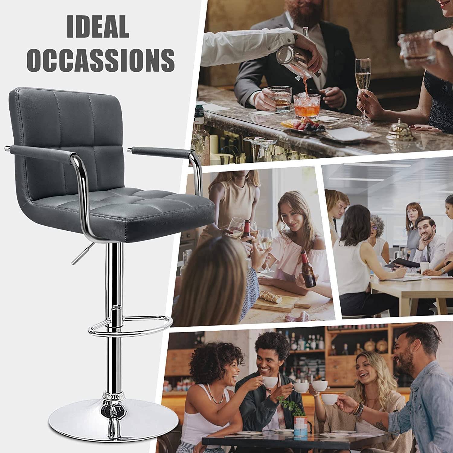 Soontrans Bar Stools Set of 2 Swivel Counter Height Stools, Adjustable Island Chairs for Kitchen with Back and Arms, Modern Barstools with Backrest and Armrest (Gray, 2Pcs)