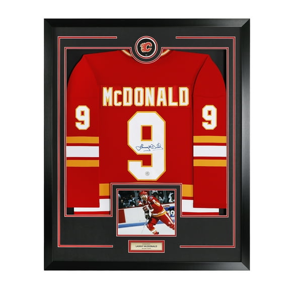 Lanny McDonald Signed Calgary Hockey Puck Logo 36x44 Jersey Frame