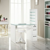 BarberPub Nail Desk with Galss Top, Manicure Table with Drawers and Storage Shelves