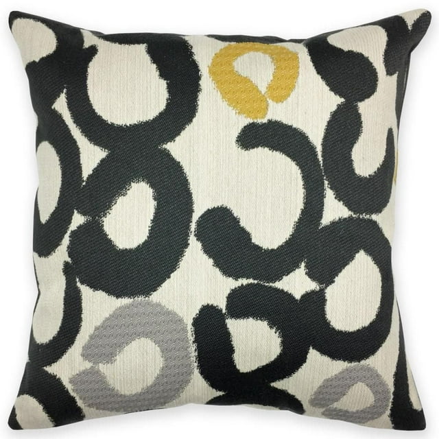 Homeport Ameoboid decorative pillow featuring an abstract amoeboid pattern in black, gray, and mustard yellow on a cream fabric.
