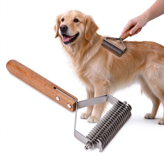 Lipengxiao Double Sided Pet Dematting Brush for Dogs, Wooden Handle Stainless Steel Deshedding Tool, Large Size 7.87 in