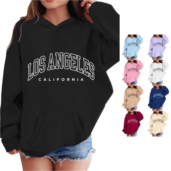 RMGVDSD Girls Hoodies Letter Print Hooded Sweatshirts for Kids Long Sleeve Pullover Tops Loose Fit Casual Hoodie Fall Comfortable Wear Cute Sweatshirt 11-12 Years