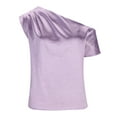 thumbnail image 4 of pimelu Womens Tops Summer Tops for Women One Shoulder Lightweight Silky Satin Ruched Tops Summer Fashion Solid T Shirt Girls Slash Neck Short Sleeve Shirts, 4 of 7