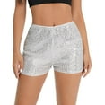 thumbnail image 1 of Pantalones cortos de fiesta con lentejuelas y cintura alta para mujer, corte A y brillo., 1 of 8