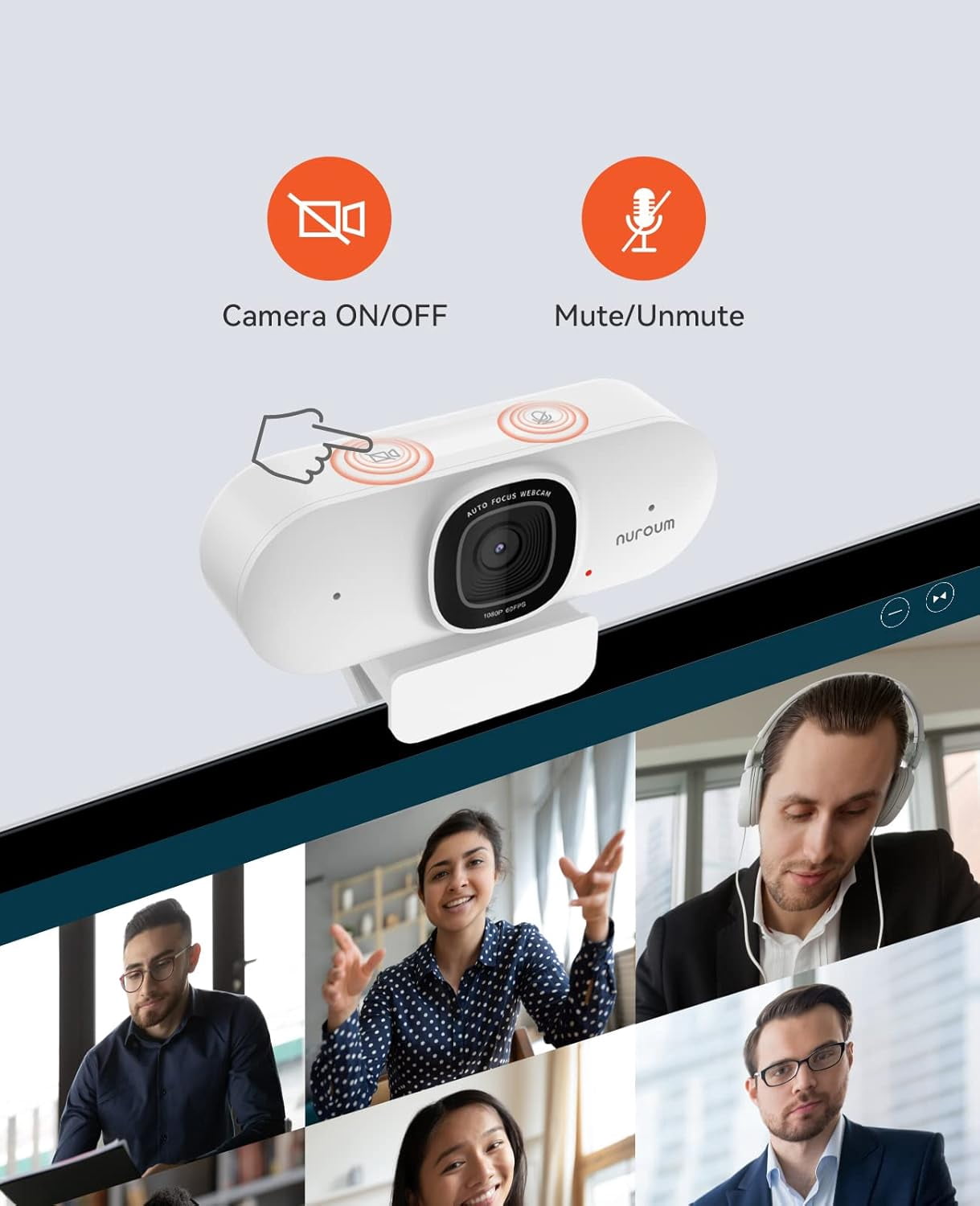 Nuroum V15-AF 2K Webcam with Microphone, 1080p 60FPS AutoFocus Web Camera with Privacy Cover and Mute, 75°FOV Dual Microphone USB FHD Computer Camera, Plug and Play for Zoom/Skype/Teams