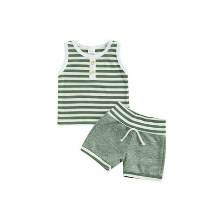 

Eyicmarn 2Pcs Baby Boy Summer Outfits Striped Print Button Front Sleeveless Tank Tops + Shorts Set