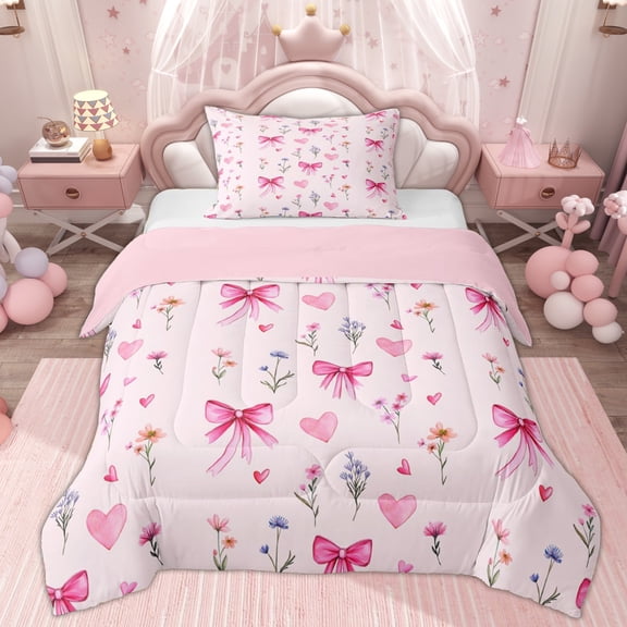 Erosebridal Princess Bow Girls Twin Comforter Sets, Spring Flower Bedding Set, Pink Reversible, 2pcs