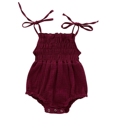 

Sunisery Newborn Infant Baby Girl Cotton Sling Solid Color Lace Stretch Ruched Jumpsuit Wine Red 6-12 Months