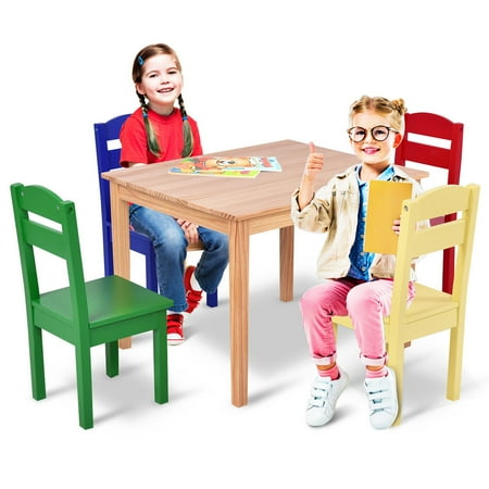 Costway Kids 5 Piece Table Chair Set Pine Wood Multicolor Children Costway Kids 5 Piece Table Chair Set Pine Wood Multicolor Children Play Room Furniture