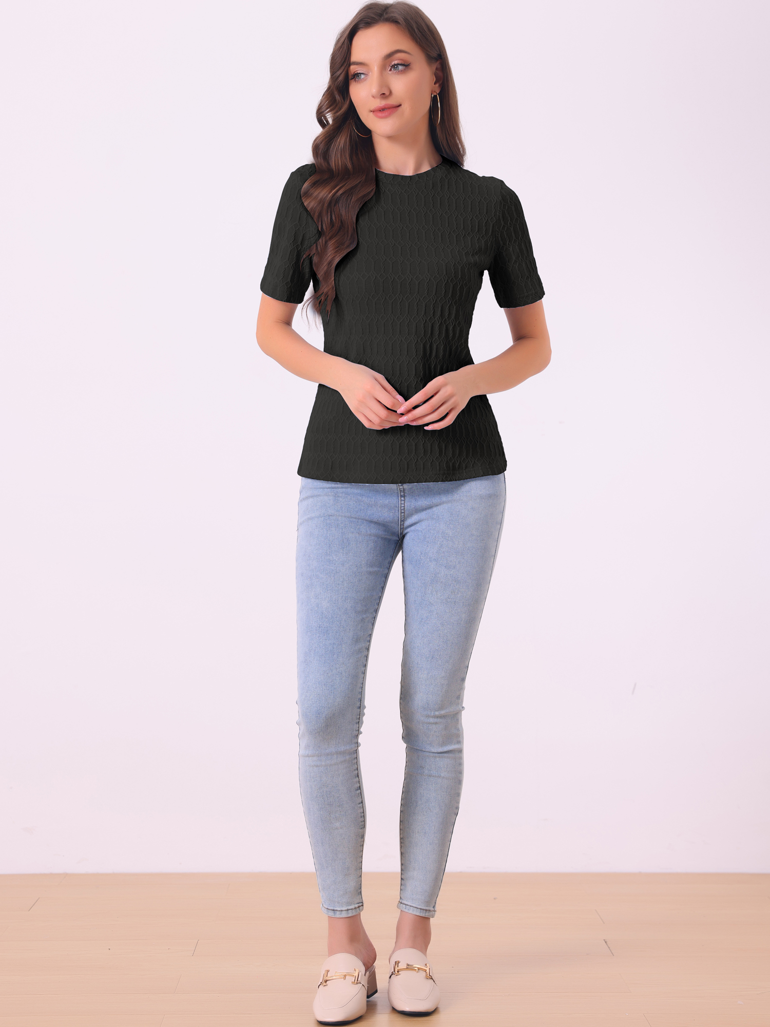 DARING DIVA Women's Round Neck Basic Textured Top M Black