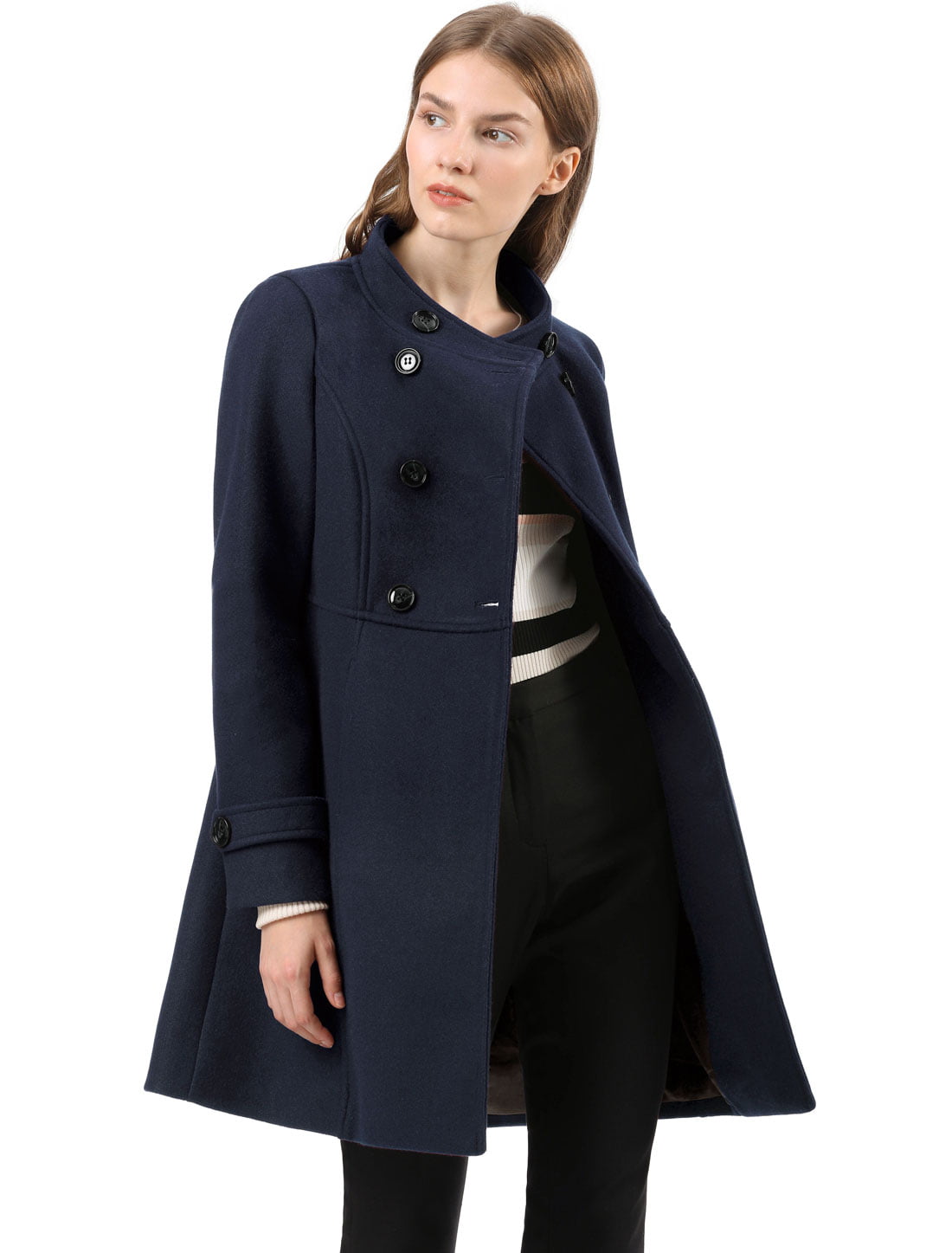Women's Stand Collar Double Breasted Outwear Winter Coat Dark Blue L ...
