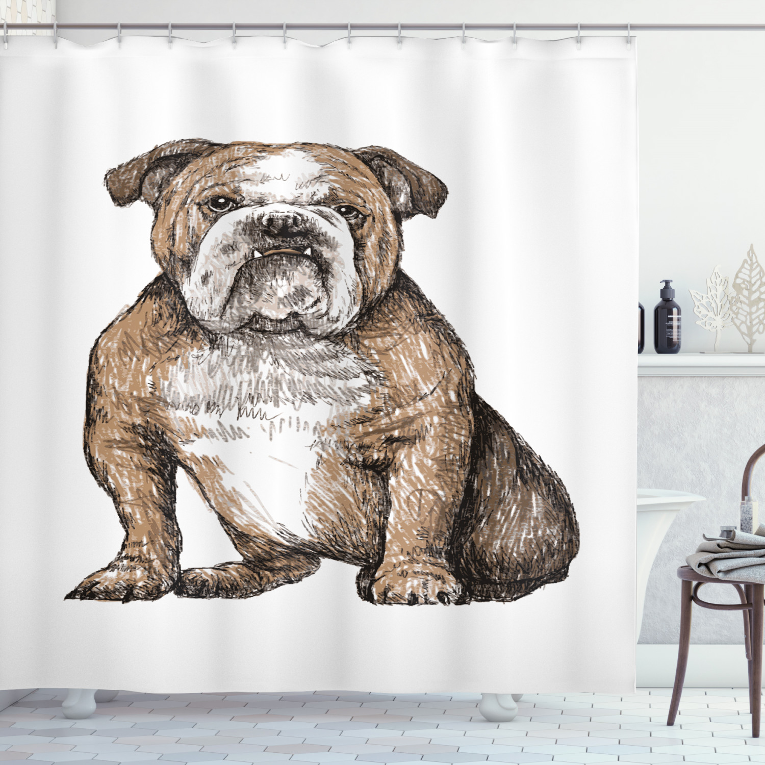 Bulldog Shower Curtain, Sketchy Hand Drawn Layout of a GrumpyLooking