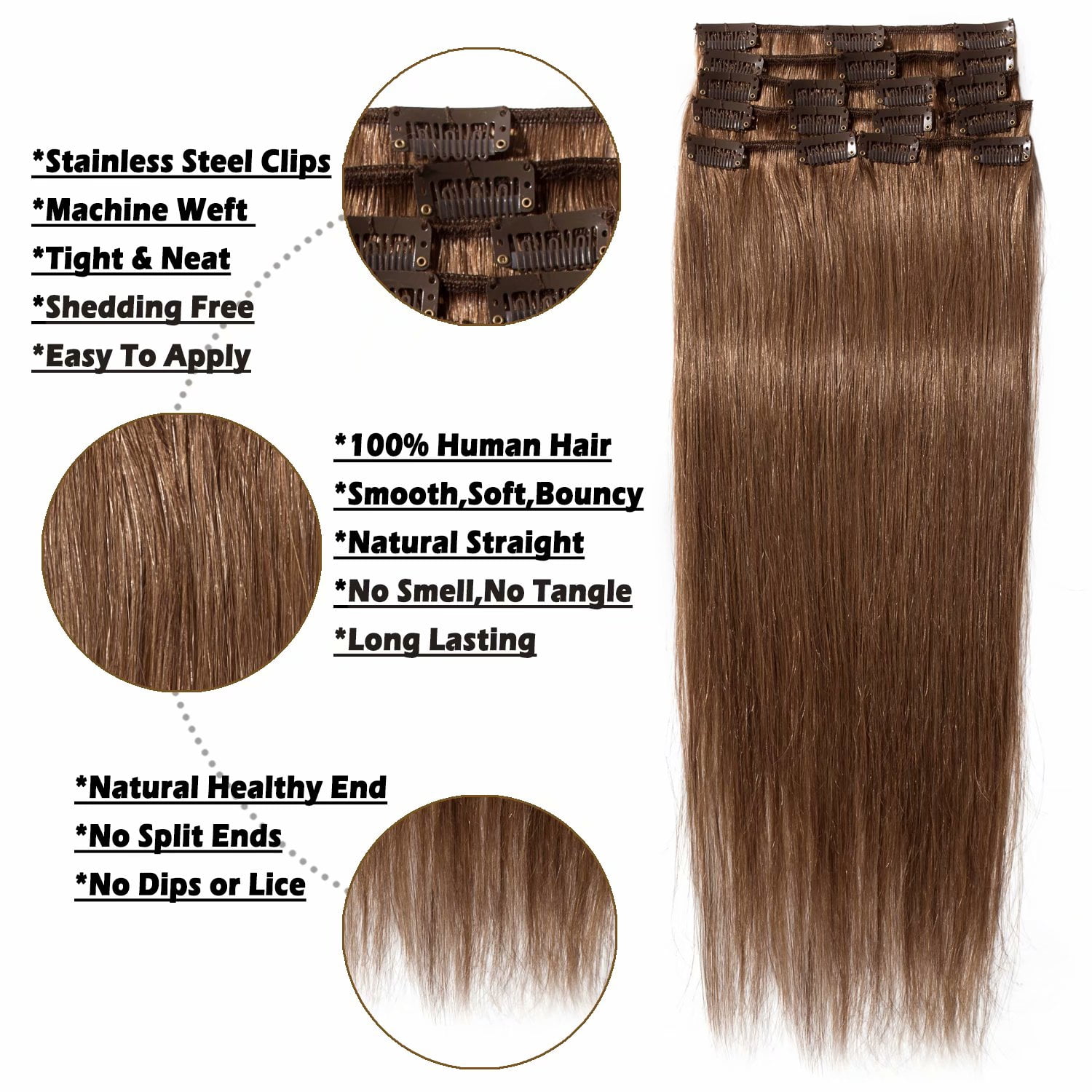 Benehair 100% Real Remy Human Hair Extensions Clip In 8Pcs Hair Weft Full  Head Women Soft Hair Straight Long 20