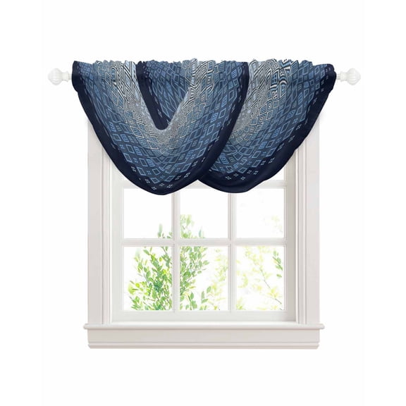 Waterfall Valances for Windows, Blue Grey Ombre Geometric Kitchen Sheer Valance Curtains, Modern Abstract Art Rod Pocket Elegant Swag Valances for Living Room Bedroom, 47.2"x38.5", 2 Panel