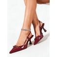 thumbnail image 5 of [On feet & in love] Women's Patent Pointed Toe Slingback Heels - Horsebit Hardware Geometric Heel Dress Pumps with Adjustable Ankle Strap,Wine-red,7, 5 of 7