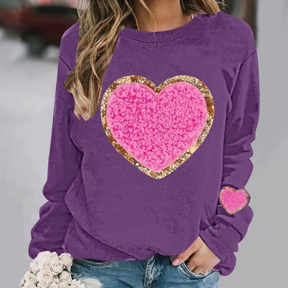 Zorckvet Valentine's Day Sweatshirt Women Plus Size Pullover Heart Graphic Shirts Casual Long Sleeve Tops