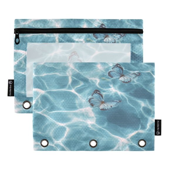 2 Pack 3 Ring Binder Pouch with Clear PVC Window Water Resistant Zipper Pencil Pouch Blue Butterflies Upon The Water Binder Pocket for Classroom Office Home Stationery Organization