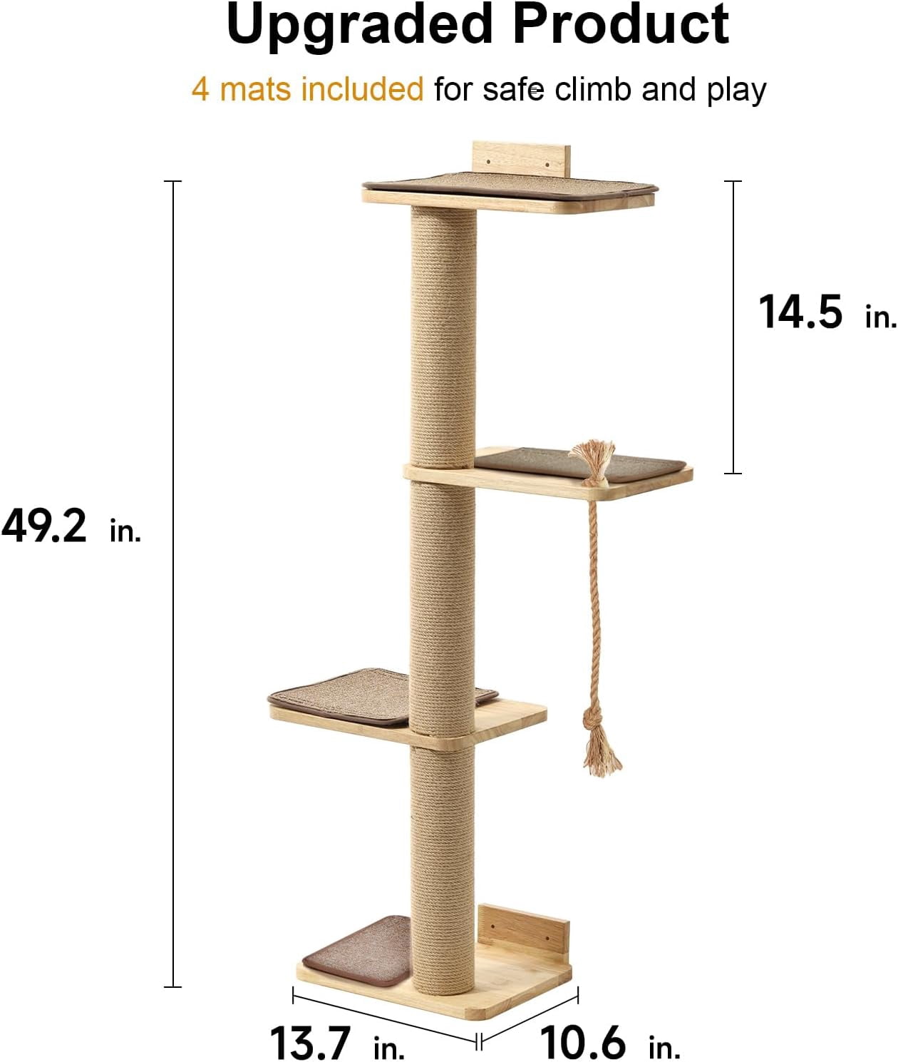 Cat Scratching Activity Tree Wall Mounted, 50 Inch Cats Scratch Post, with Kitten Bed, Rubber Wood Scratcher Posts, Large