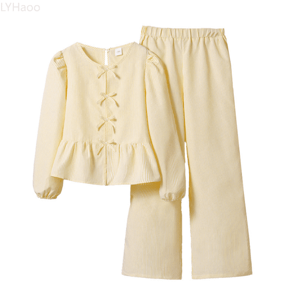 LYHaoo Clothing Sets for Girls Girls Autumn Outfits Long Sleeve Top And Pants Set With Bow Tie Detail Stylish Comfortable Casual Toddler Clothes Sizes 7-8 Years(Yellow)