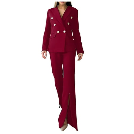 Summer Savings Clearance! Bxsruta Womens Blazer Long Sleeve Solid Suit Double Breasted Blazer Jacket Wide Leg Slit Pants 2 Piece Casual Elegant Business Suit Sets Dressy Fashion Matching Set Red M
