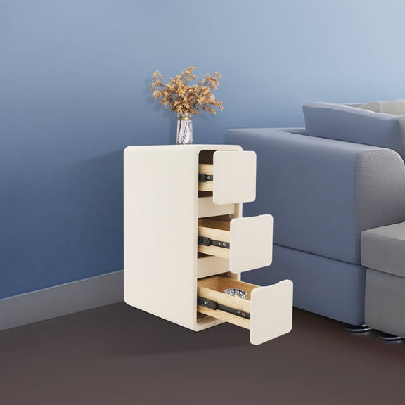 Modern Rectangular Cream Color Small Narrow Storage Nightstand Bedroom Bedside Table w/ 3-Drawer