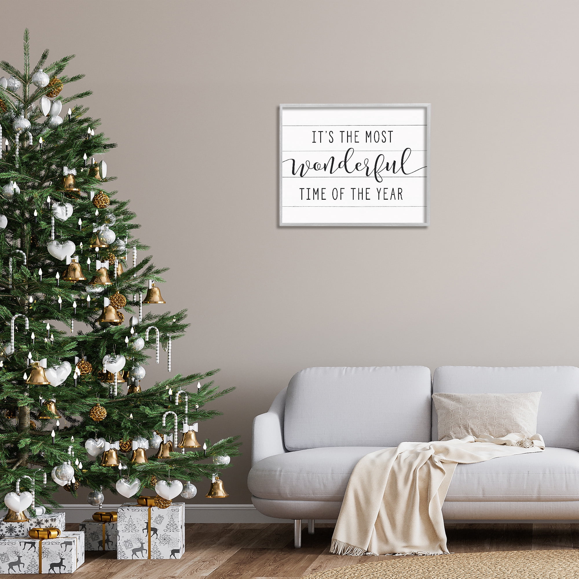 Stupell Industries Most Wonderful Time Rustic Chic Holiday Painting Gray Framed Art Print Wall Art, 30 x 24