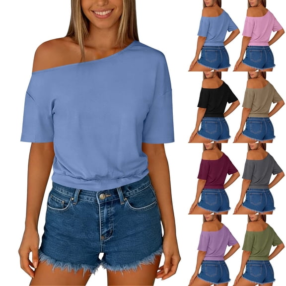 APEXFWDT Women's Off Shoulder Crop Top Short Sleeve Smocked Waist Shirt Asymmetrical Y2K Going Out Top,L,Black