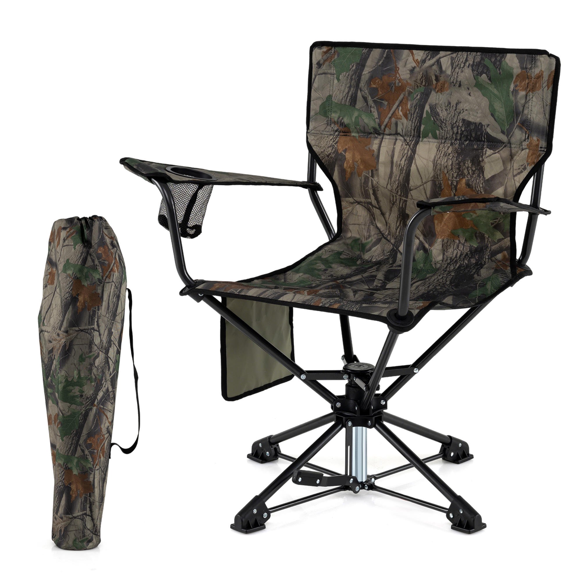 360 Degree Swivel Hunting Chair Portable Folding Blind Chair with Cup Holder Side Pockets and Carry Bag Green