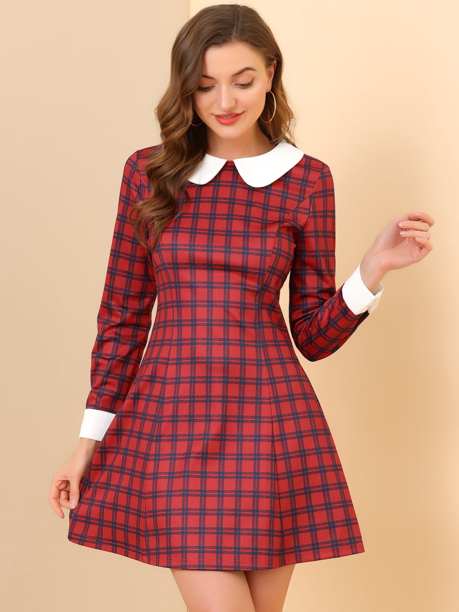DARING DIVA Women's Contrast Peter Pan Collar A-Line Plaid Dress S Red