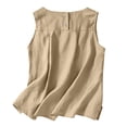 thumbnail image 5 of Crgrtght Women Linen Curved Hem Round Neck Sleeveless Casual Basic Loose Tank Tops Button Shirt, Khaki M, 5 of 7