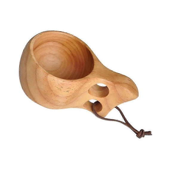 Taza de madera de caucho hecha a mano con agarre de 2 orificios para café, té, leche y agua. Ideal para actividades al aire libre, como acampar o viajar.