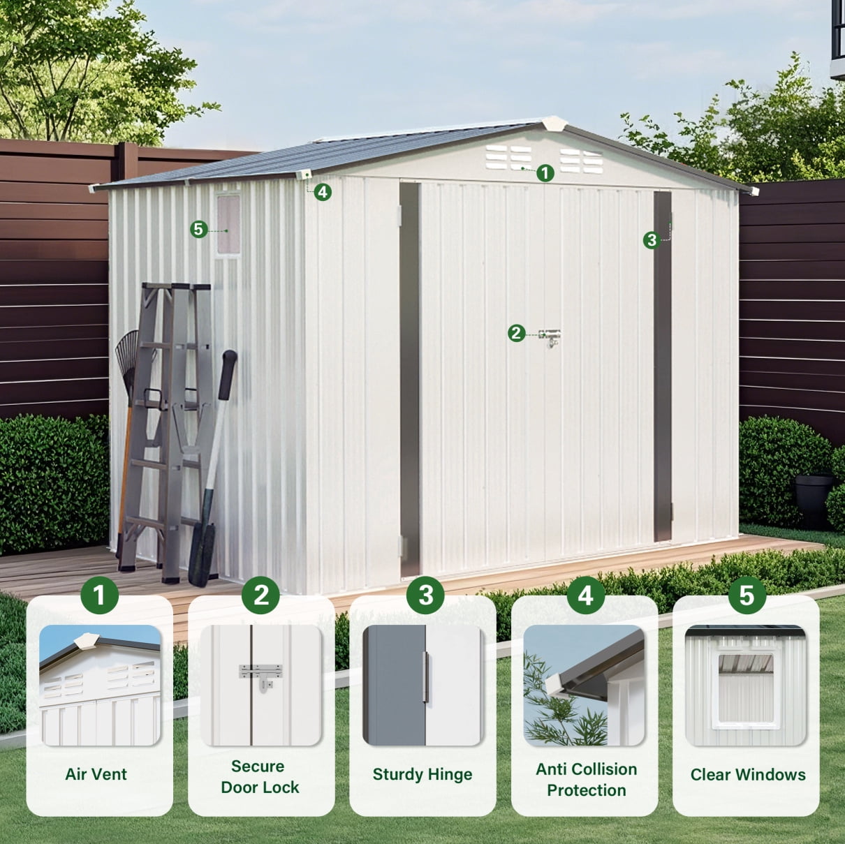 8X6 FT Outdoor Storage Shed with Window, Metal Garden Tool Shed with Vents and Lockable Double Doors, Waterproof Organization for Patio/Backyard/Lawn Storage, White