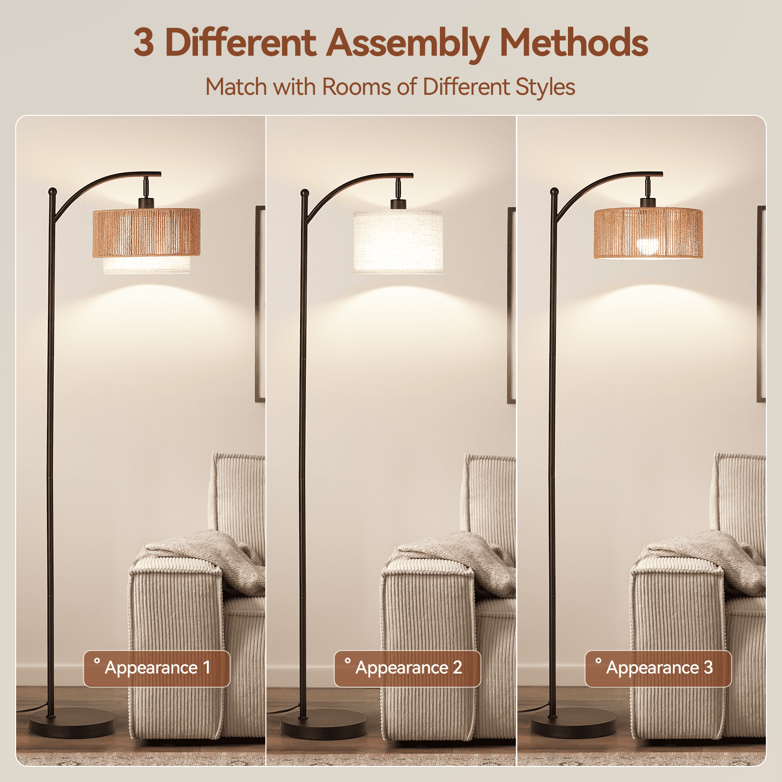 SUNMORY Rattan Floor Lamps, Boho Standing Lamps with Rattan & Linen Double Shades, Arc Lamp Floor with 12W Bulb, Foot Switch, Bohemian Floor Lamps for for Living Room, Bedroom, Study Room