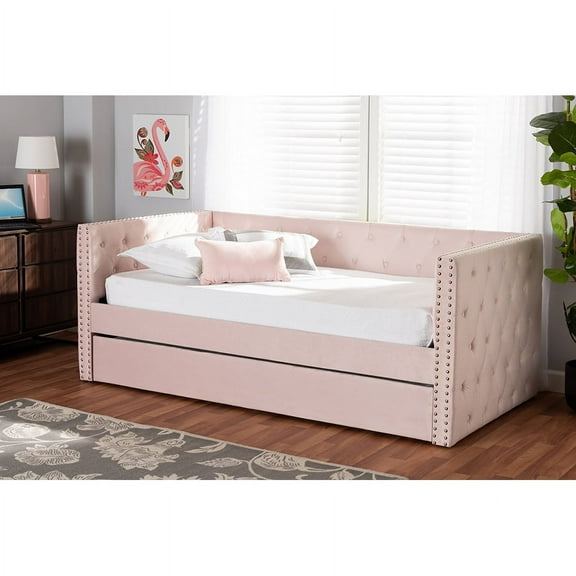 Baxton Studio Larkin Modern and Contemporary Pink Velvet Fabric Upholstered Twin Size Daybed with Trundle