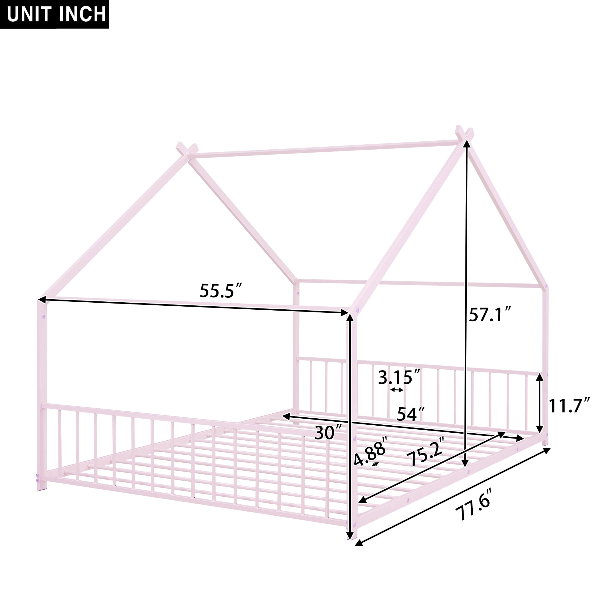 Gewnee Full Size House Bed with Roof and Fence,Metal Montessori Platform Bed for Toddle and Kids,Pink