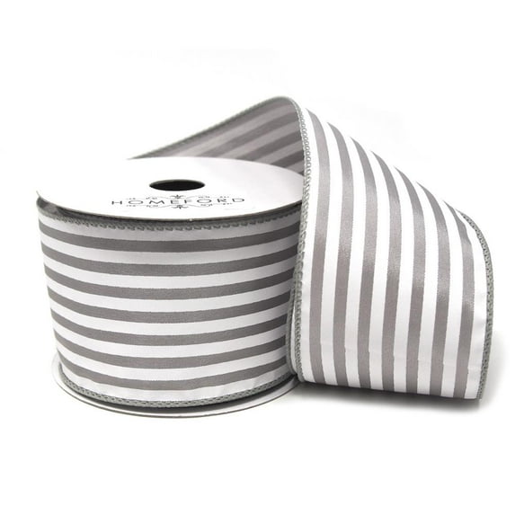 Cabana Stripes Satin Wired Ribbon, Silver, 2-1/2-Inch, 10 Yards