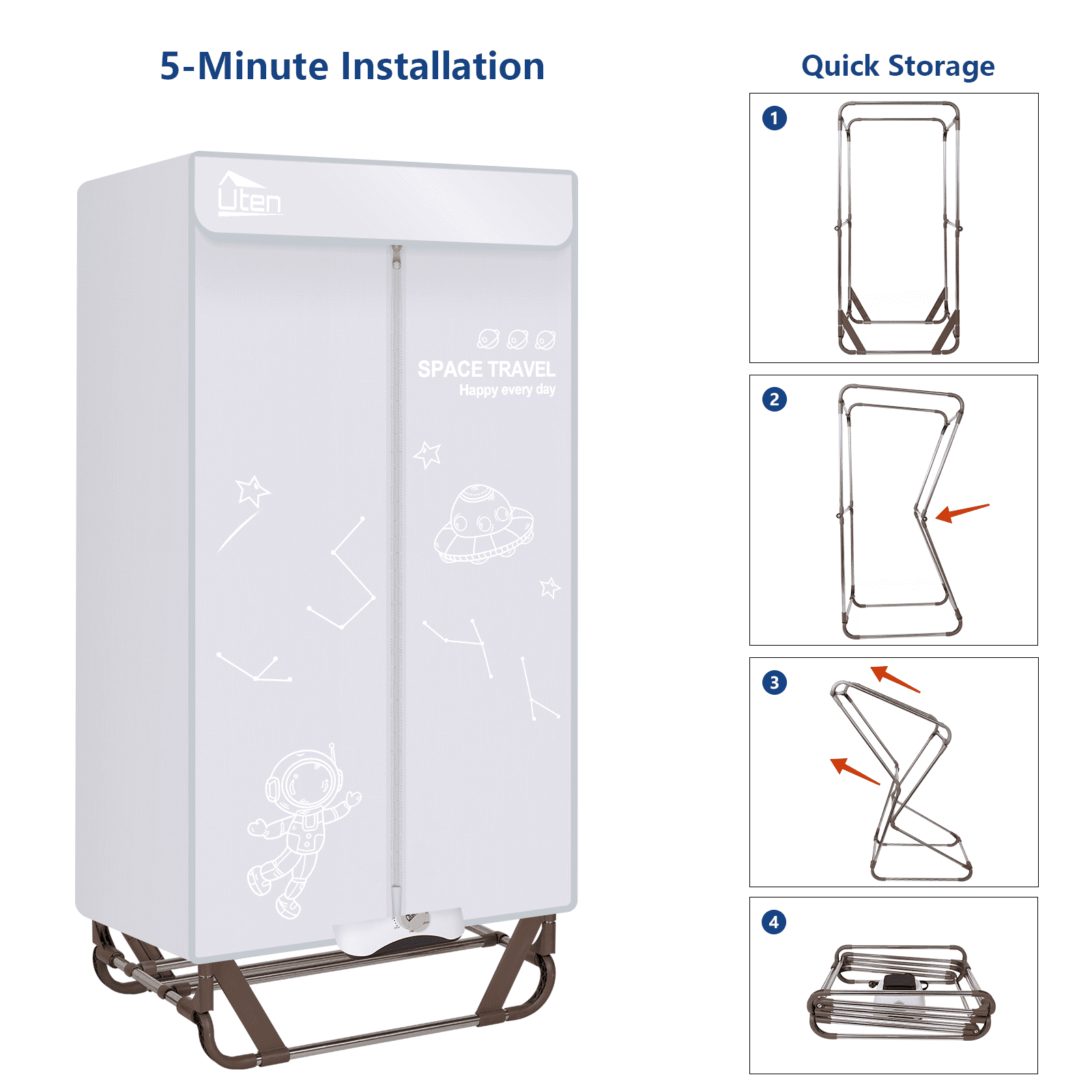 Uten Portable Dryer, 1500W Electric Clothes Dryer Machine Double layer Stackable Clothes Drying Rack for Apartments, RV, Laundry, and More