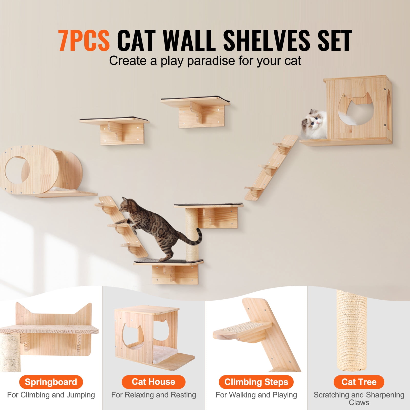 VEVOR Wall Mounted Cat Shelves, Cat Wall Shelves and Perches with Jumping Boards, Cat Beds, Hammocks & Cat Tree, Cat Furniture and Shelves up to 40 lbs for Sleeping, Playing, Climbing, Set of 7