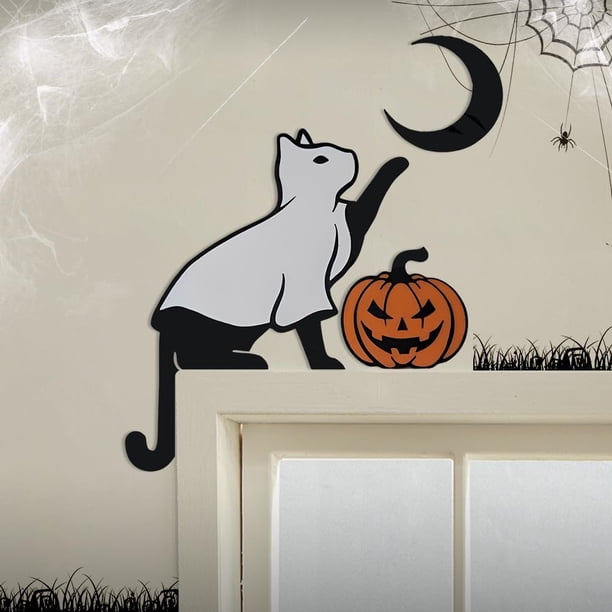 Adorno de puerta de metal con forma de gato adorable, adorno de puerta de gato nuevo 2024, adorno de puerta de Halloween de metal con forma de gato negro, marco de letrero decorativo para esquina de p