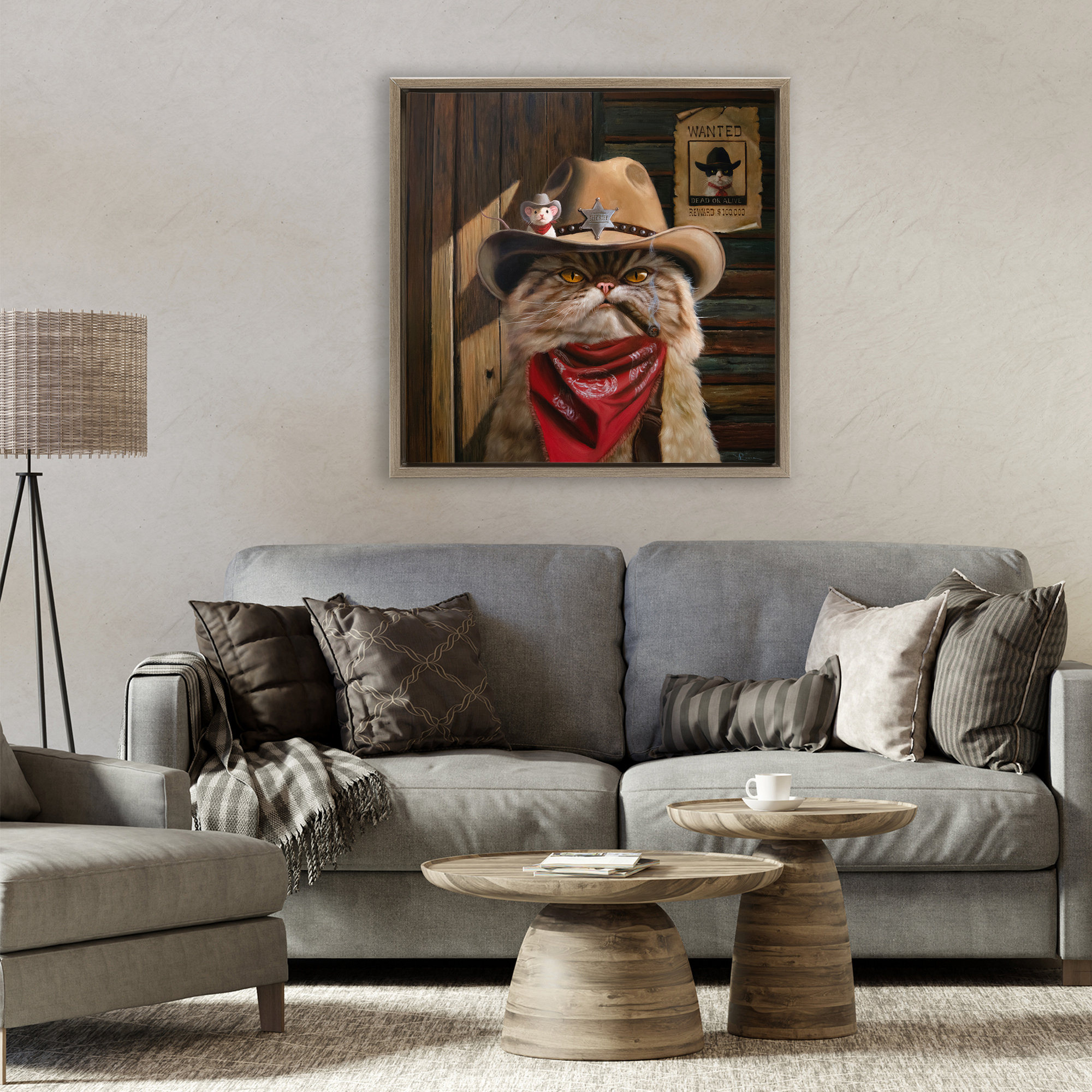 Deputy Purrkins Cat Sheriff Brown Framed Floater Canvas Wall Art, design by Lucia Heffernan