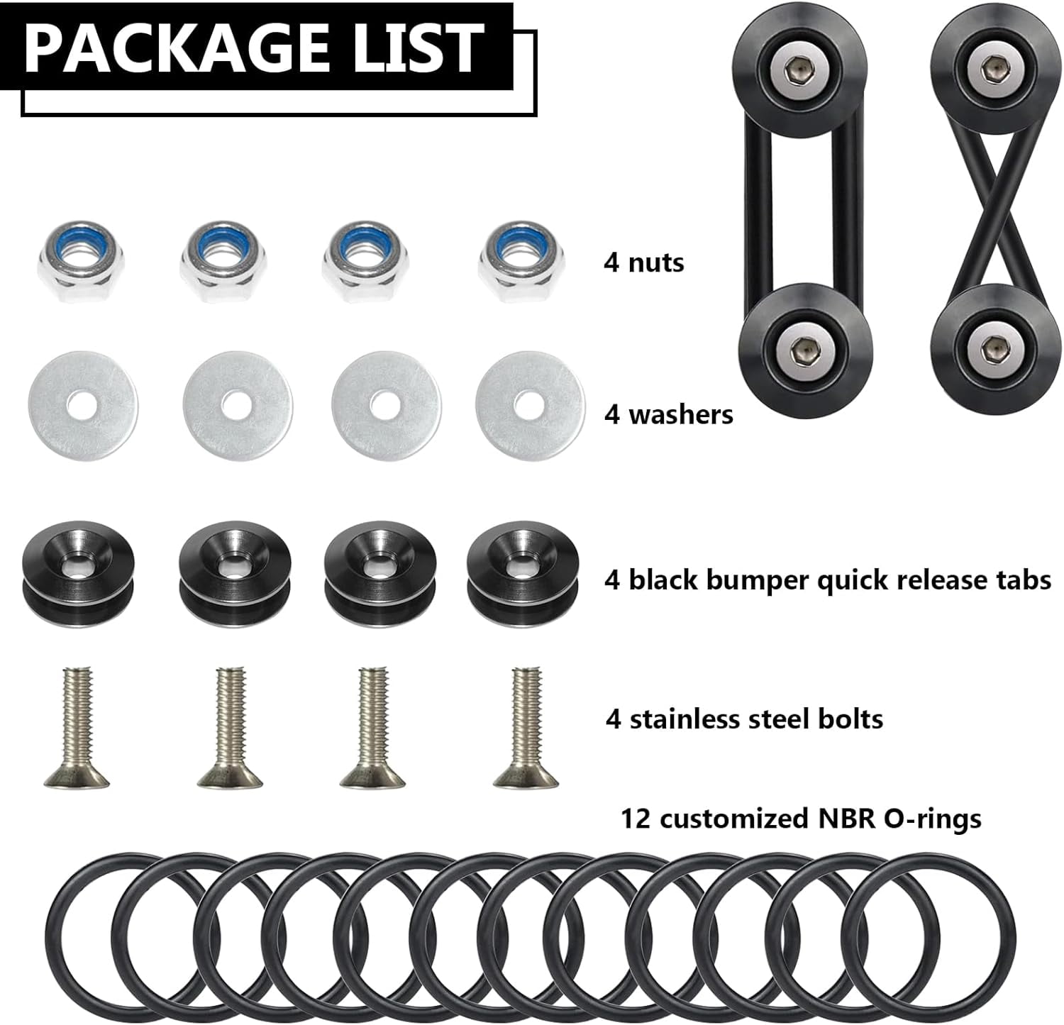 Universal Bumper Clips Front Rear Quick Release Kit Holders for Cars (4 Black Tabs and 12 Customized O-Rings)