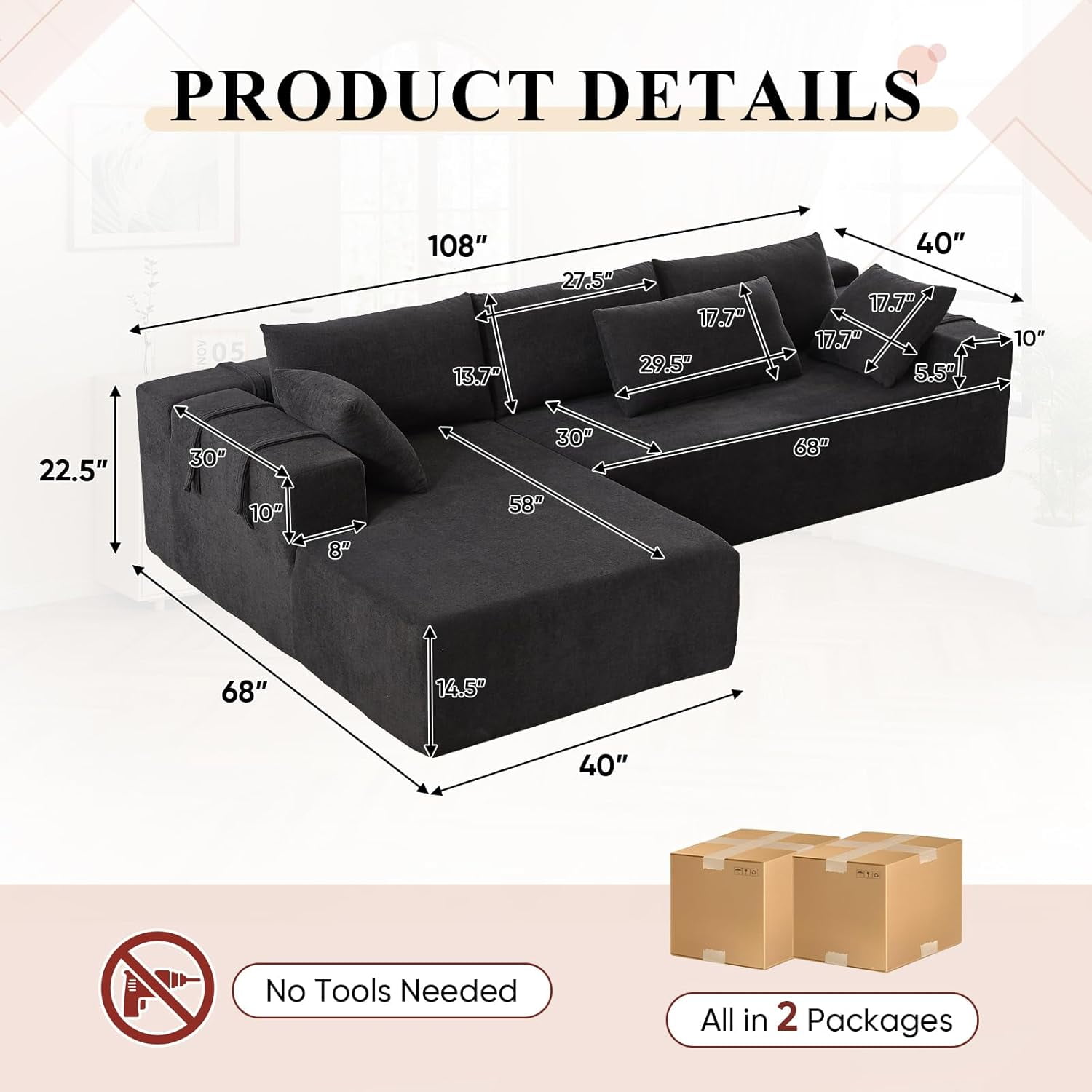 AENKYO 108" Chenille L-Shaped Sectional Sofa Set with 6 Pillows, Free-Combination Modular Couch for Living Room, Black, Left-Facing Chaise