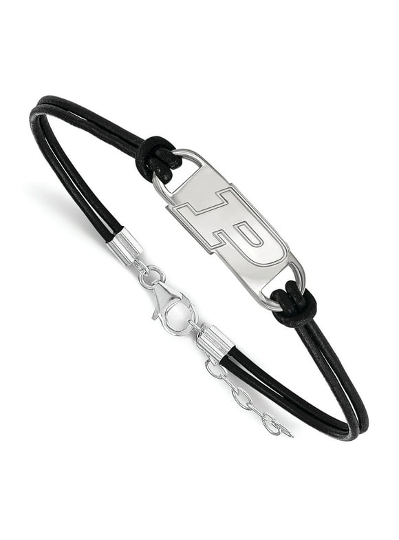 Sterling Silver Rhodium-plated LogoArt Purdue University Letter P Small Center Black Leather 7 inch Bracelet with Extender Q-SS019PU-7