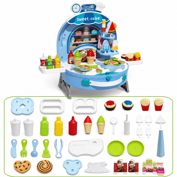 Biiend Kids Pretend Play Dessert Shop Set, Sweet Cake Store Role Play Toy with Ice Cream, Cake, Drinks, Play Food Accessories and Portable Carry Case for Indoor Creative Play