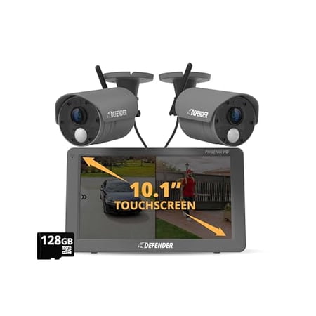 Defender PhoenixHD Wireless Security Camera System with 10.1” Touchscreen Monitor, 2 HD Outdoor Security Camera, No WiFi Required, Includes 128GB SD Card, Extra 15ft Extension Cable & 2 Year Warranty