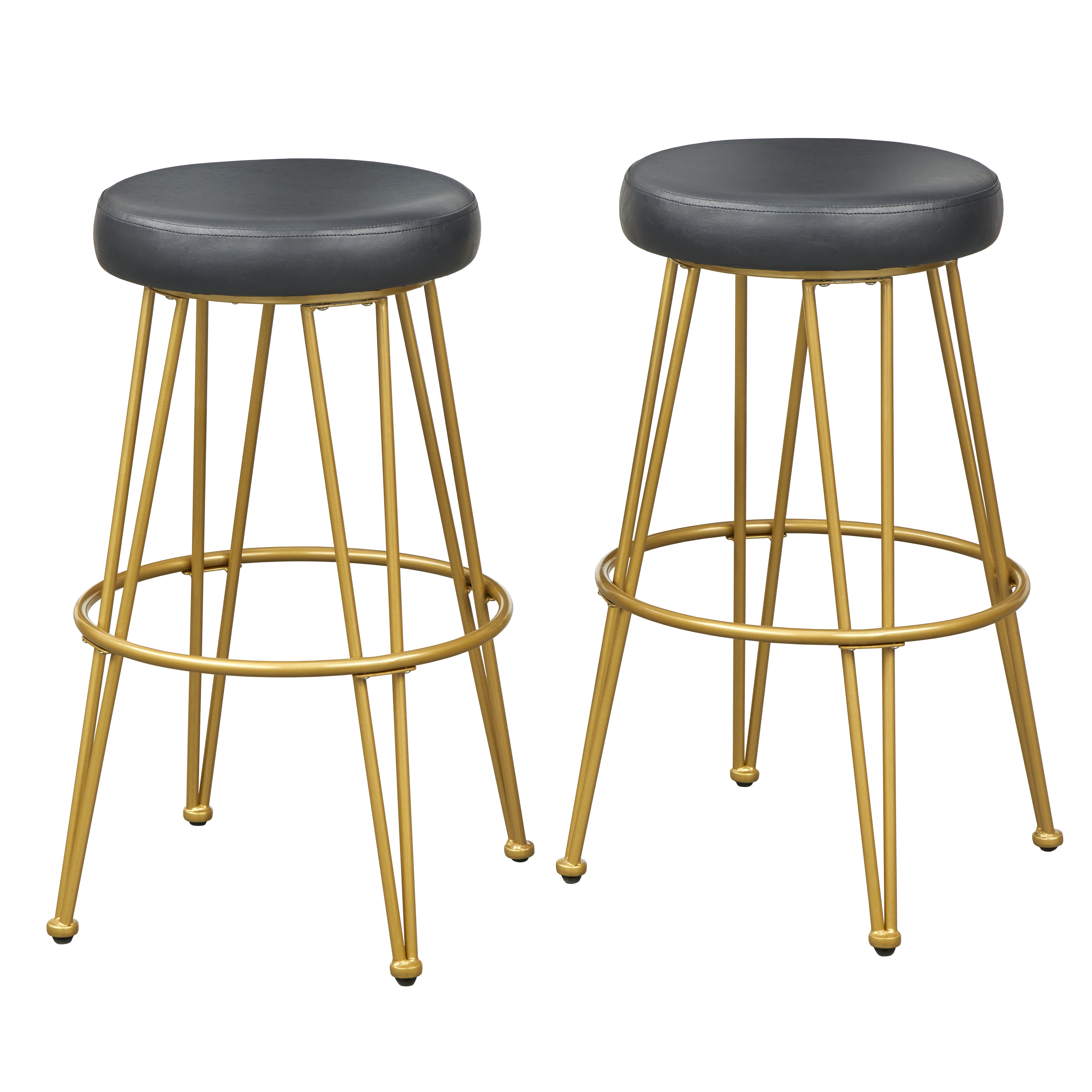 TMS Magnus Bar 30” High Backless Bar Stool, Set of 2, Black Faux Leather Seat with Gold Metal Frame