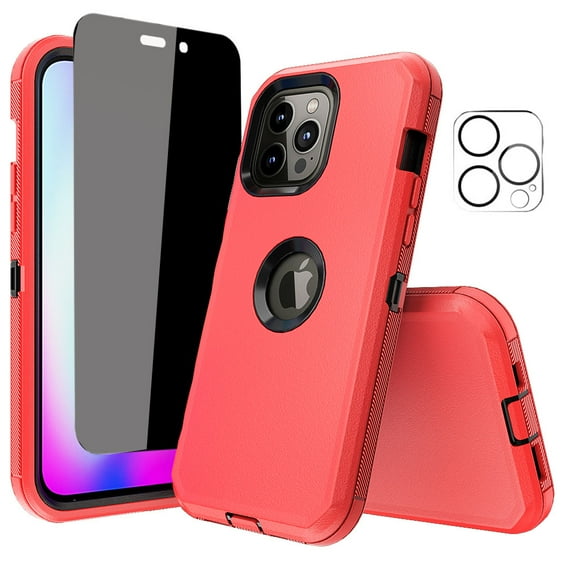 NIFFPD iPhone 14 Pro Case with Screen Protector (Anti Spy Privacy) + Camera Lens Protector, Heavy Duty Hard Shockproof Phone Case for iPhone 14 Pro 6.1" Red+Black